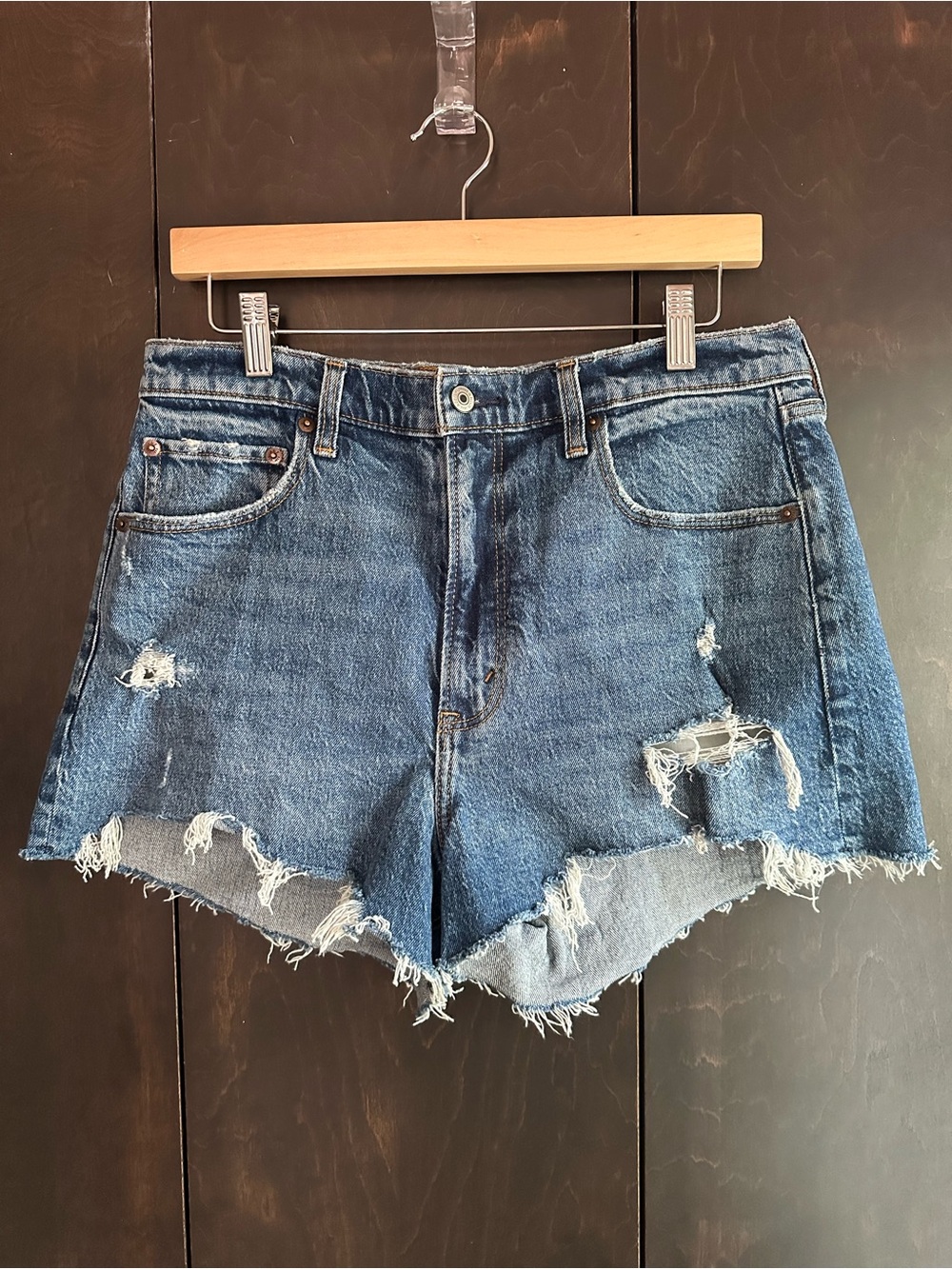 Abercrombie & Fitch Mom Short High Rise Distressed Dark Blue Denim Cutoff Shorts